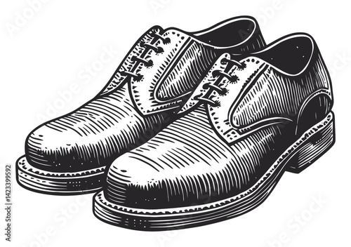 Classic Black Dress Shoes Linocut Illustration with Detailed Texture