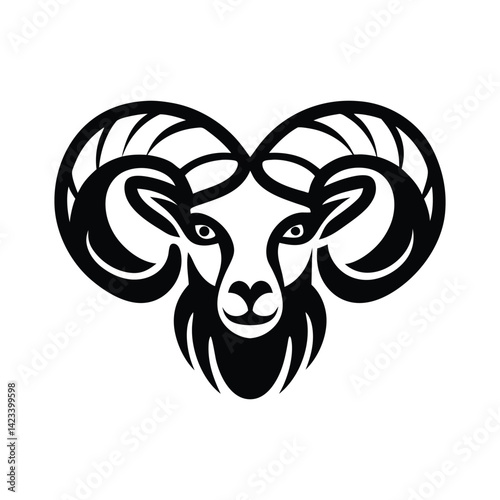 Black and white stylized illustration of a ram's head Logo or silhouette