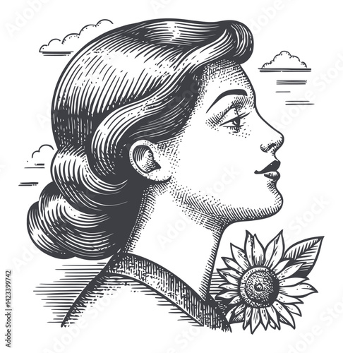 Vintage Linocut Style Portrait of Woman with Sunflower Design