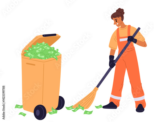 Money is trash. Woman janitor throws paper cash into trash can. Economy crisis and inflation. Currency devaluation. Finance costs collapse. Sweep banknotes with broom. Vector concept