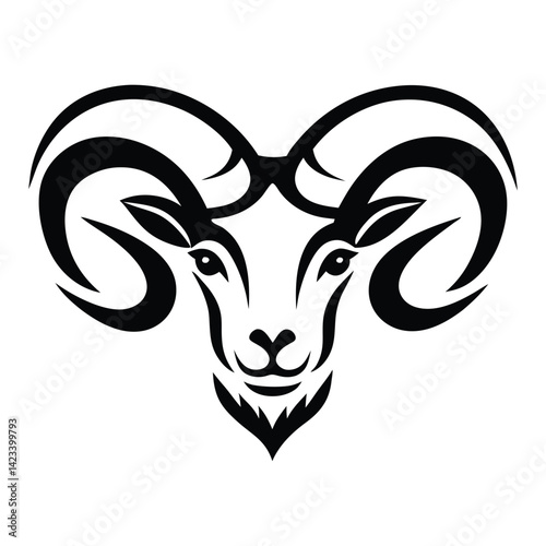 Black and white stylized illustration of a ram's head Logo or silhouette