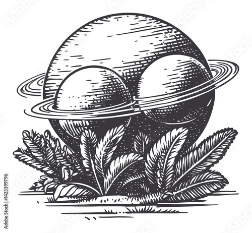 Celestial Theme with Planets and Botanical Elements in Black and White