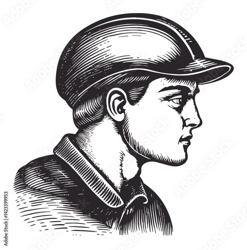 Vintage Engraving of a Young Man in Profile Wearing a Cap