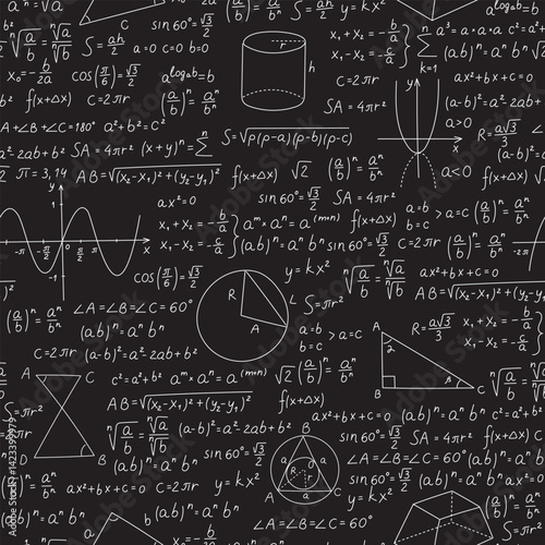 Math numbers and formulas seamless pattern. Graphs and diagrams at blackboard. Algebra calculations. Mathematical education. Repeated print. Trigonometry function. Vector background