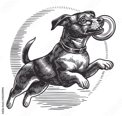 Playful Dog Engaging in Fetch with Flying Frisbee Illustration
