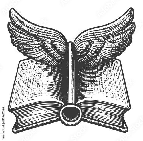 Winged Book Illustration in Vintage Linocut Style for Art Use