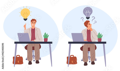 Idea search. Male businessman sitting at desk looking for insight. Guys thinking about successful problem solution. Glowing or burnout lightbulbs. Thoughtful employee. Vector concept
