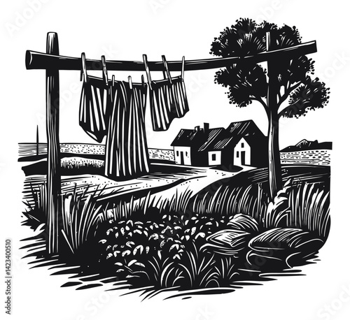 Serene Countryside Scene with Clothesline and Rustic Home