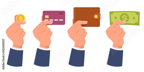 Hands hold money. Gold coin in fingers. Bank bills and wallet. Paying with cash or credit card. Arm showing dollar banknote. Financial transfer. Different payment methods vector set