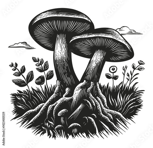 Detailed Black and White Linocut Illustration of Two Mushrooms