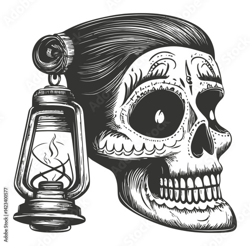 Vintage Skull with Lantern Illustration in Linocut Style