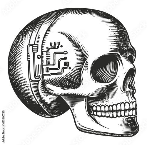 Vintage Skull Illustration with Circuit Design in Engraving Style