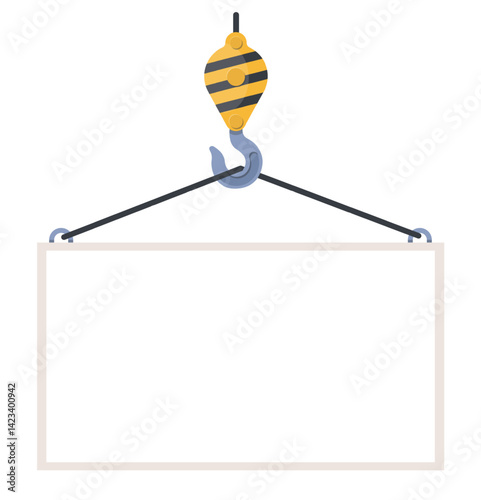 Construction crane hook with large banner. Container lifting. Express delivery. Cargo shipment. Industrial placard presentation. Loading terminal billboard. Vector building background