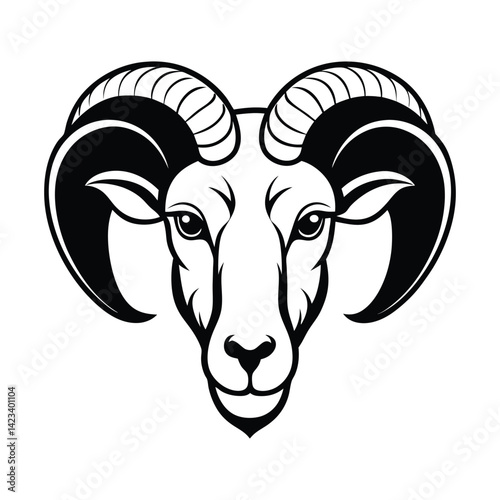 Black and white stylized illustration of a ram's head Logo or silhouette