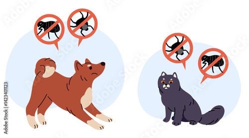 Cat and dog with skin parasite problems. Pets suffer from mites and lice. Pest forbidden icon. Stop symbol. Animals flea. Bloodsucker circle pictogram. Fur bugs warning. Vector concept