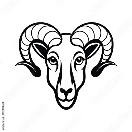 Black and white stylized illustration of a ram's head Logo or silhouette