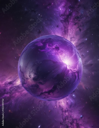 Glowing orb floats in vibrant purple nebula Cosmic dust swirls around , sci-fi, space, swirling