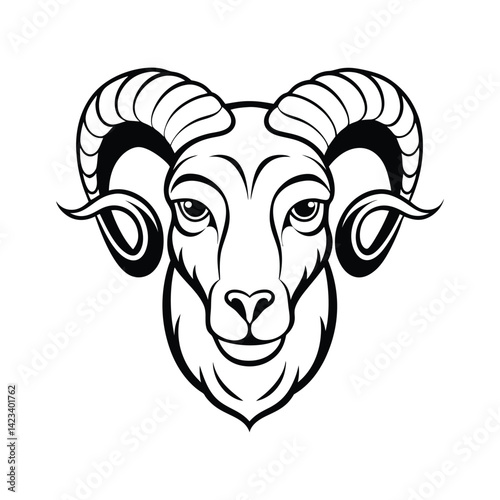 Black and white stylized illustration of a ram's head Logo or silhouette