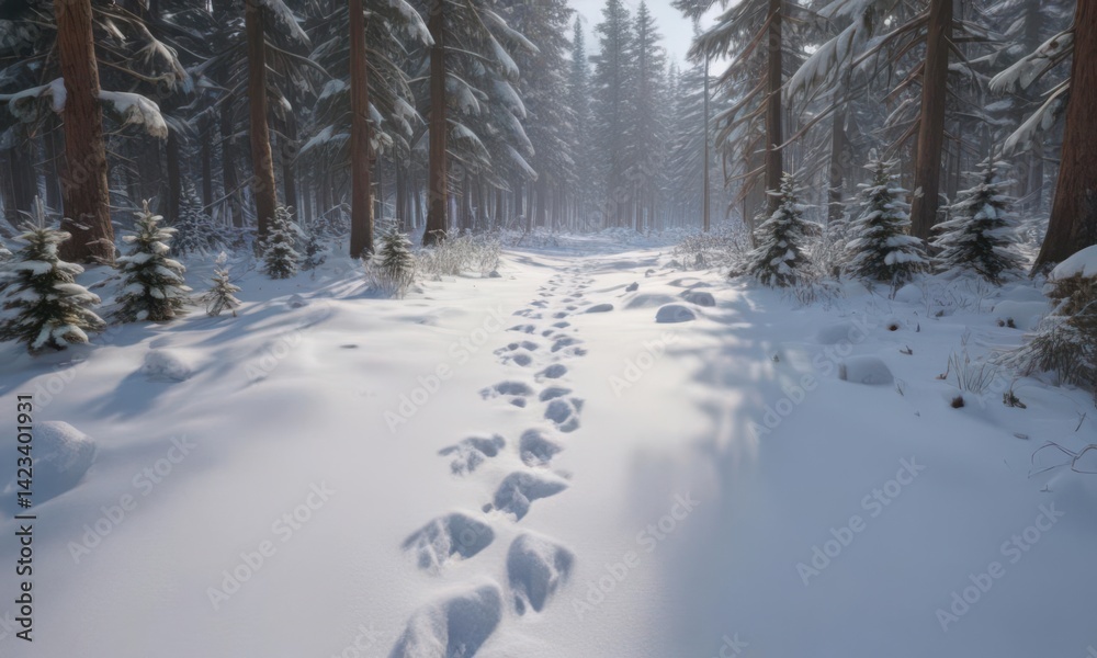 Tiny fox paw prints trail through pristine snow, dark coniferous forest backdrop , frozen, delicate, animal Tiny fox paw prints trail through pristine snow, dark coniferous forest backdrop , frozen, delicate, animal