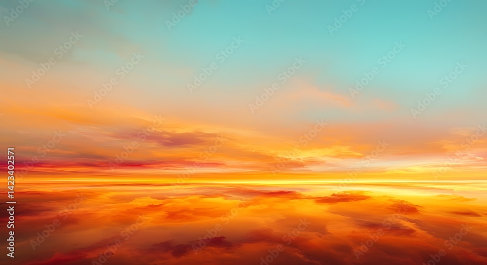 Obraz premium Ethereal Cloudscape: Golden Horizon Embraces Azure Sky at Sunset, an Abstract Landscape Painting Infused with Warmth and Tranquility, Suitable for Meditation or Fantasy Art