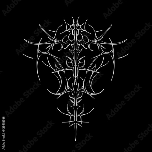 Cyber gothic sigilism symmetrical shapes, aesthetic neo tribal dark elements vector illustration on white background