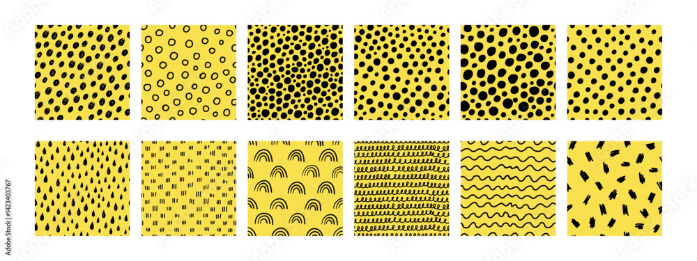 This small dash seamless pattern collection features hand-drawn textures on a yellow background. Includes abstract dots, dashes, lines, rainbows. It is ideal for fabric, wrapping paper, digital design