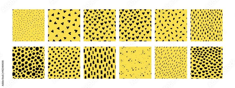 Small dash seamless pattern collection. Set of hand-drawn doodle textures on a yellow background. Cute minimalist textures with hearts, lines, dashes. Perfect for kids design, fabric, wrapping paper