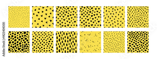 Obraz na płótnie Small dash seamless pattern collection. Set of hand-drawn doodle textures on a yellow background. Cute minimalist textures with hearts, lines, dashes. Perfect for kids design, fabric, wrapping paper w salonie