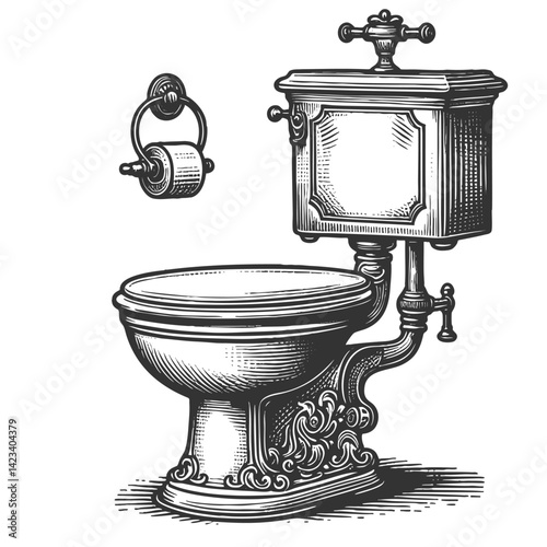 antique toilet surrounded by elegant decorative elements, including plants, plunger, and paper holder sketch engraving generative ai vector illustration. Scratch board imitation. Black and white image