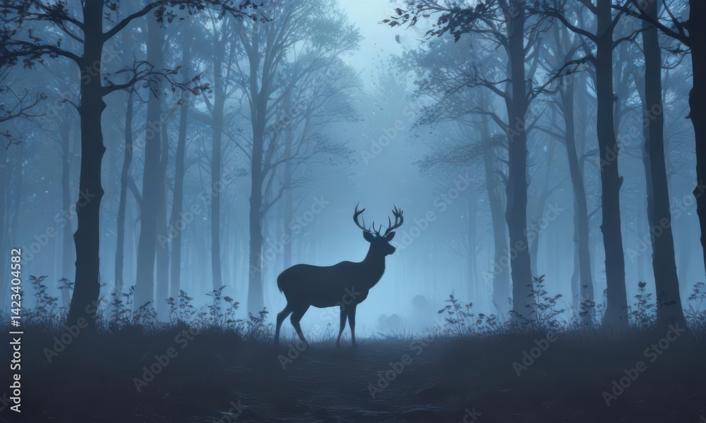 Obraz premium Vector silhouette of deer in blue misty woodland , blue, vector illustration, graceful