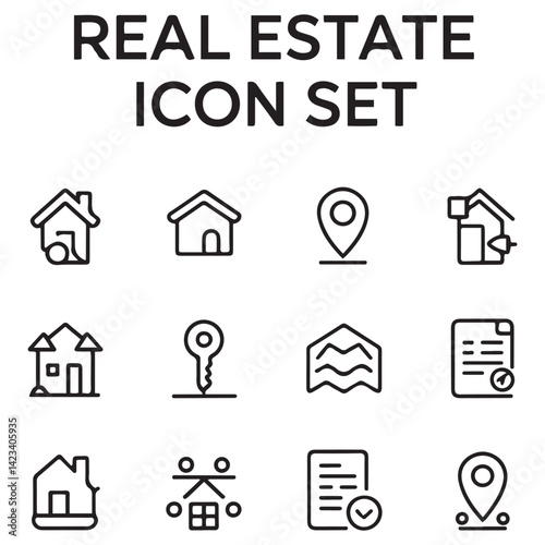 Real Estate Line black Icon Set. A comprehensive collection of stylish and professional icons designed for the real estate industry, perfect for enhancing property listings, websites,