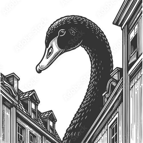 enormous black swan towering between urban buildings, symbolizing unexpected events or anomalies sketch engraving generative ai vector illustration. Scratch board imitation. Black and white image.
