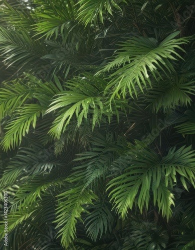 Vibrant green palm leaves, sunlight dappled, lush texture, tropical design, close-up, tropical atmosphere