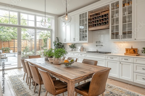 White cabinets with glass doors, empty wall above the dining table, built-in wine rack, and a light grey grout backsplash in a neutral color kitchen.