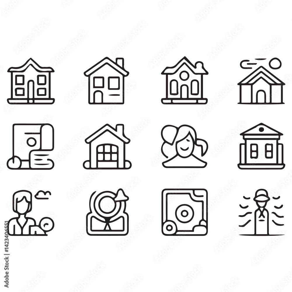 Real Estate Line black Icon Set. A comprehensive collection of stylish and professional icons designed for the real estate industry, perfect for enhancing property listings, websites, Real Estate Line black Icon Set. A comprehensive collection of stylish and professional icons designed for the real estate industry, perfect for enhancing property listings, websites,