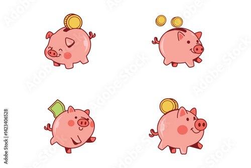 Cute Piggy Bank Character Illustration Set