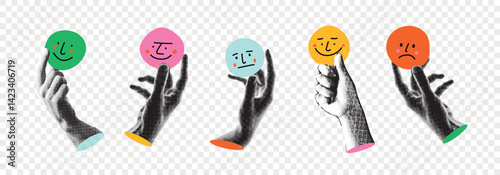 Retro halftone collage elements set. Hands holding emoji, positive and negative feedback.Concept of customer experience.Trendy vector illustration with paper cut-out shapes on a transparent background