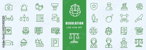 Law and Legal icons set with intellectual property, trademark, patent law, legal rights, document signing, plea bargain, bail, compliance check, legal hotline icon. Simple flat vector
