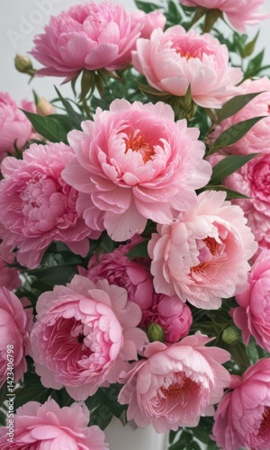 Vibrant pink peonies and roses bouquet on white  Perfect for spring/wedding designs ,  texture,  romantic