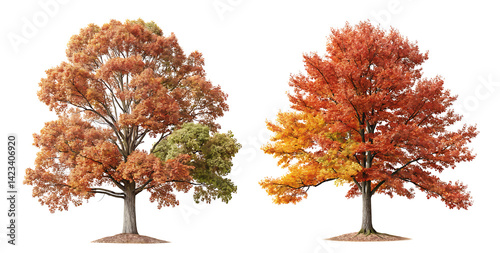 Autumn Quercus palustris (also called pin oak, swamp oak, or Spanish oak) trees isolated png on a transparent background perfectly cutout, AI generative