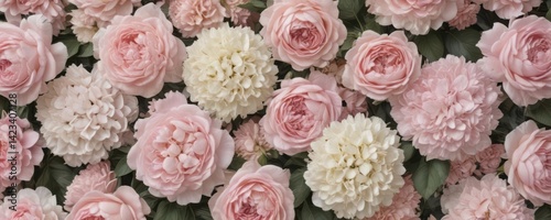 Muted pastel pink roses, peonies & hydrangeas form a vintage floral wall backdrop ,  summer,  pastel peonies