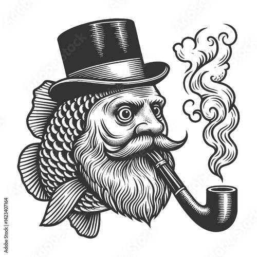 bearded fish wearing a top hat and smoking a pipe, blending surrealism with nautical whimsy sketch engraving generative ai vector illustration. Scratch board imitation. Black and white image.