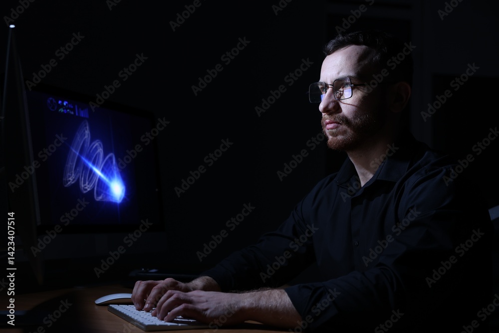 Engineer working with digital drawing at table in office Engineer working with digital drawing at table in office