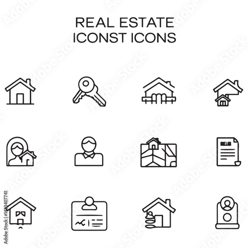 Real Estate Line black Icon Set. A comprehensive collection of stylish and professional icons designed for the real estate industry, perfect for enhancing property listings, websites,