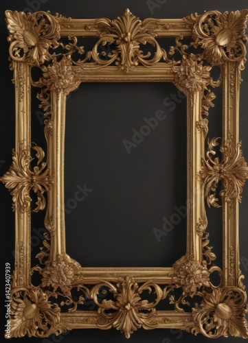 Ornate gold scroll frame with intricate floral details, classic vintage style , acanthus, flower
