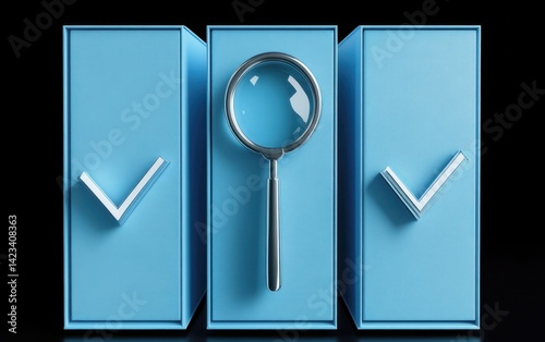 Three light blue boxes, magnifying glass, checkmarks