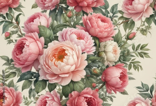 Vintage-style watercolor rose & peony bouquet , soft, petals, backdrop