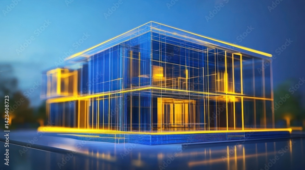 Obraz premium Modern glass house, night render, landscape