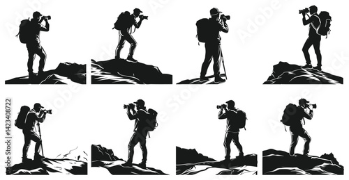 Hiker photographing the landscape silhouette vector illustration