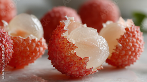 Sweet Lychee: A close-up view of fresh, juicy lychees, with their bumpy red skin partially peeled to reveal the translucent, delectable fruit within, inviting the viewer to savor its exotic allure.